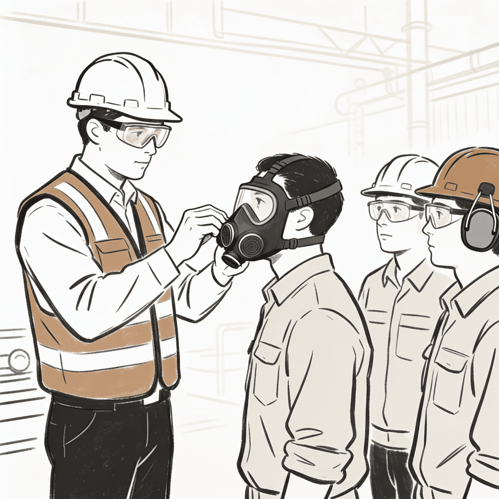 Instrutor de segurança do trabalho realizando treinamento prático de uso de máscara respiratória para funcionários